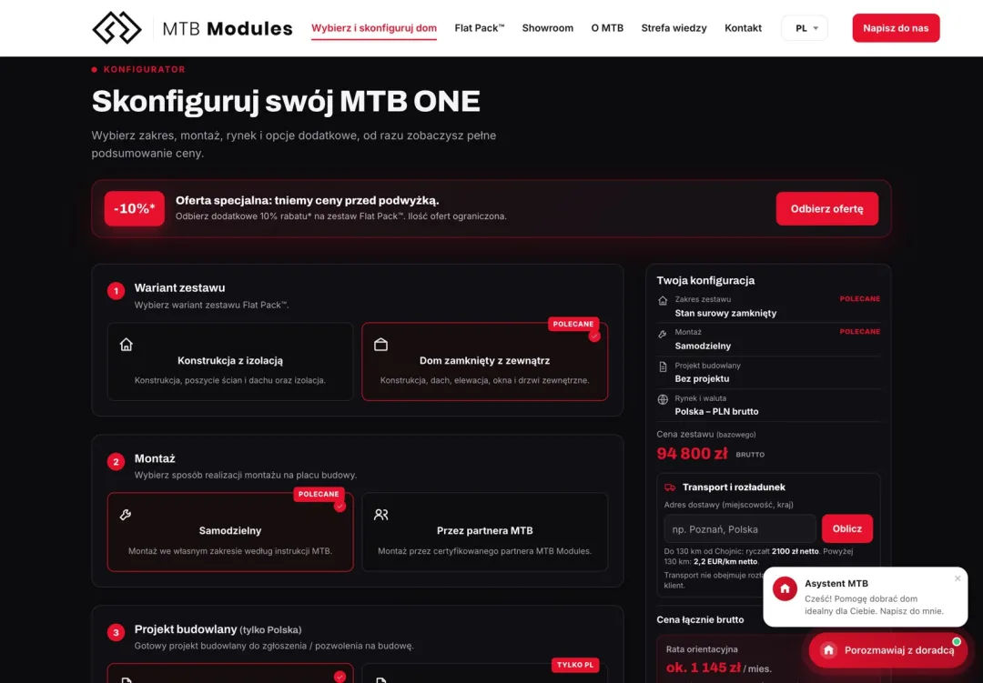 Konfigurator domu modułowego MTB ONE na mtbmodules.com